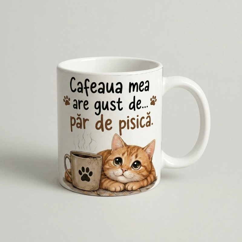 Cană „Cafeaua mea are gust de... păr de pisică”
