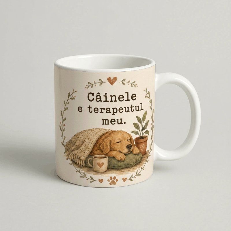 Cană „Câinele e terapeutul meu” – Model Acuarelă