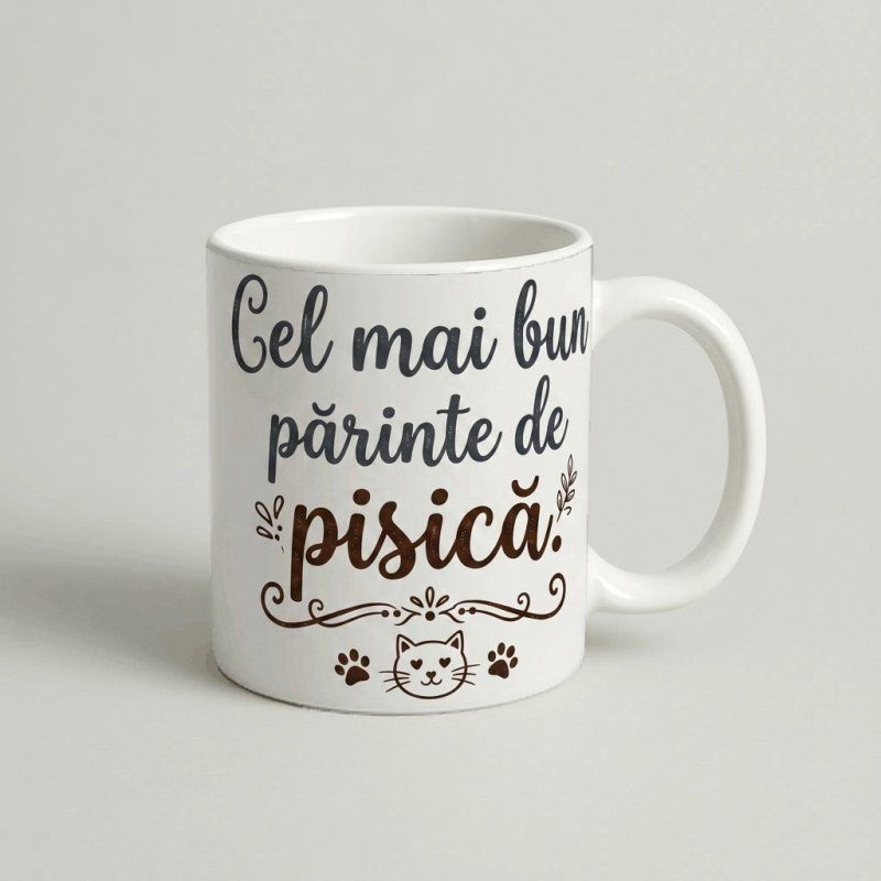 Cană „Cel mai bun părinte de pisică” – Ediție Caligrafică — cadou personalizat PetGifts