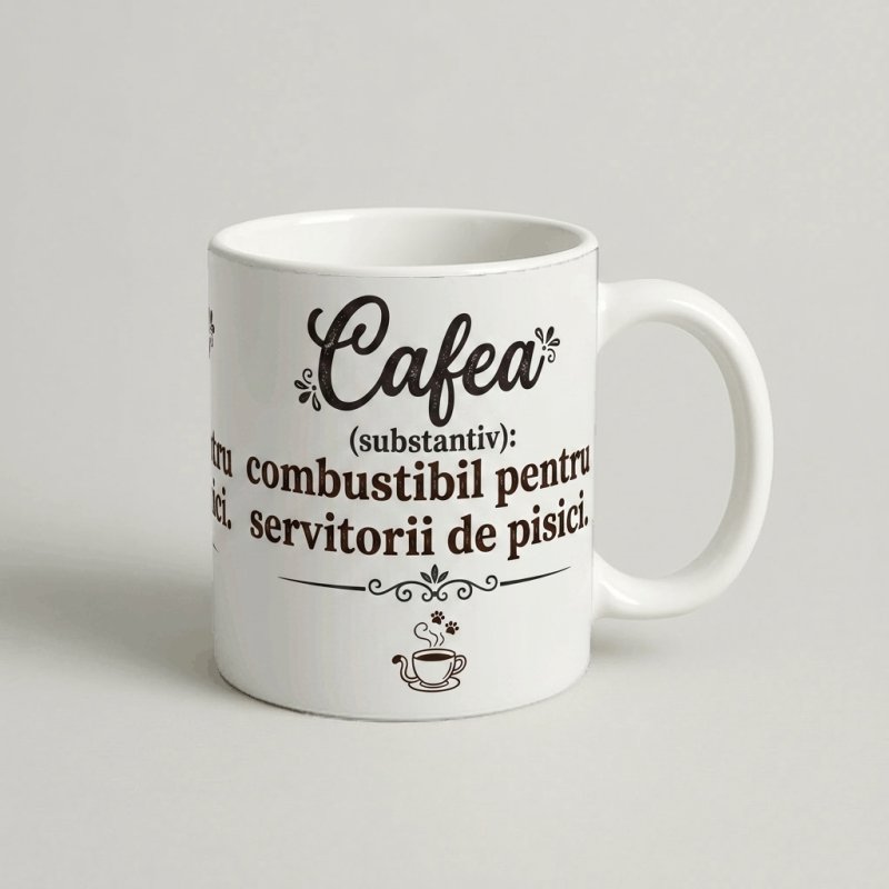 Cană „Cafea – Combustibil pentru servitorii de pisici”