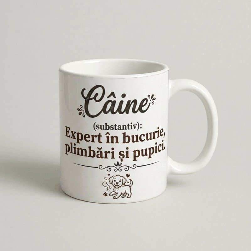 Cană „Câine – Expert în bucurie, plimbări și pupici”