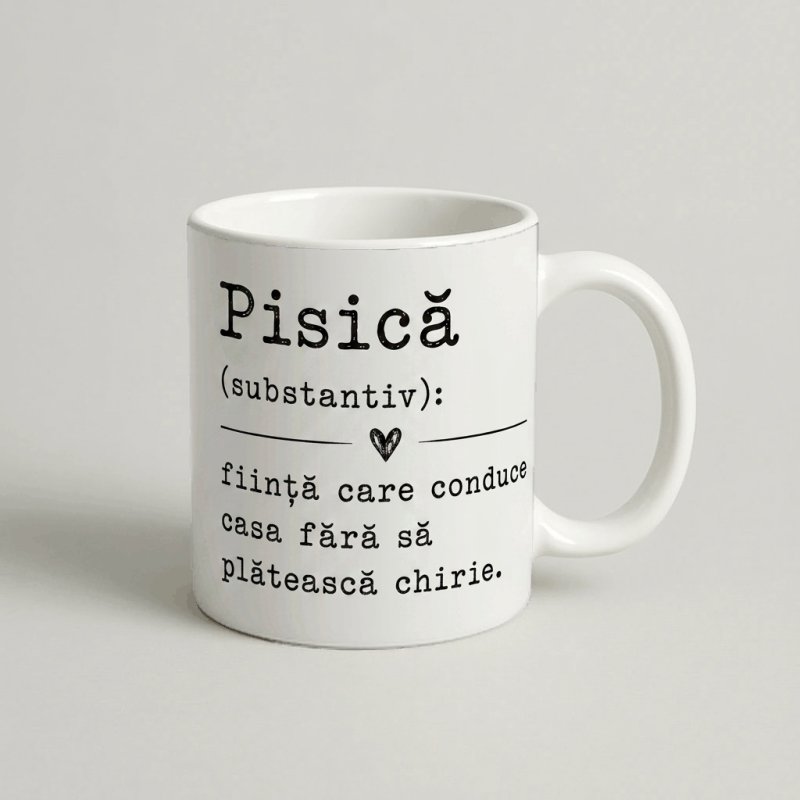 Cană Minimalistă cu Mesaj „Pisică (substantiv)”