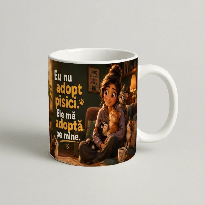 Cană „Eu nu adopt pisici. Ele mă adoptă pe mine.” — cadou personalizat PetGifts