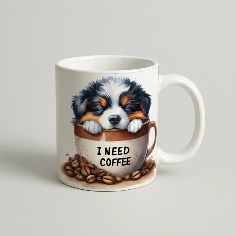 Cană „I Need Coffee” (Cățeluș în cană)