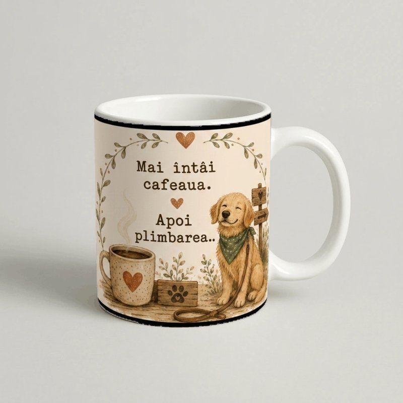 Cană cu Mesaj și Ilustrație „Mai întâi cafeaua” – Ediție Cățeluș