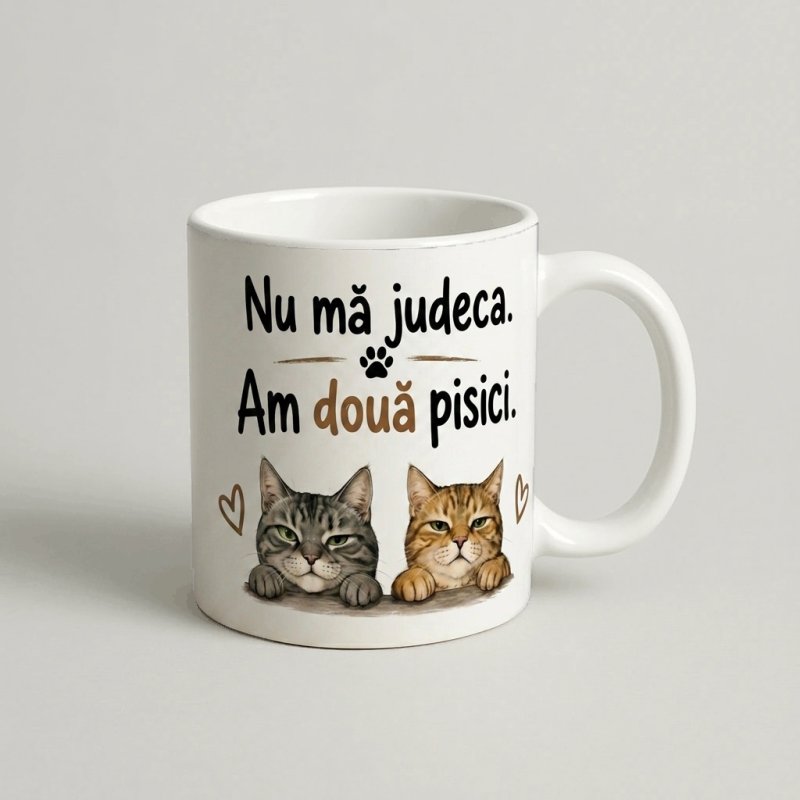 Cană „Nu mă judeca, am doua pisici” — cadou personalizat PetGifts