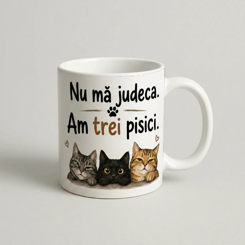 Cană „Nu mă judeca, am trei pisici”