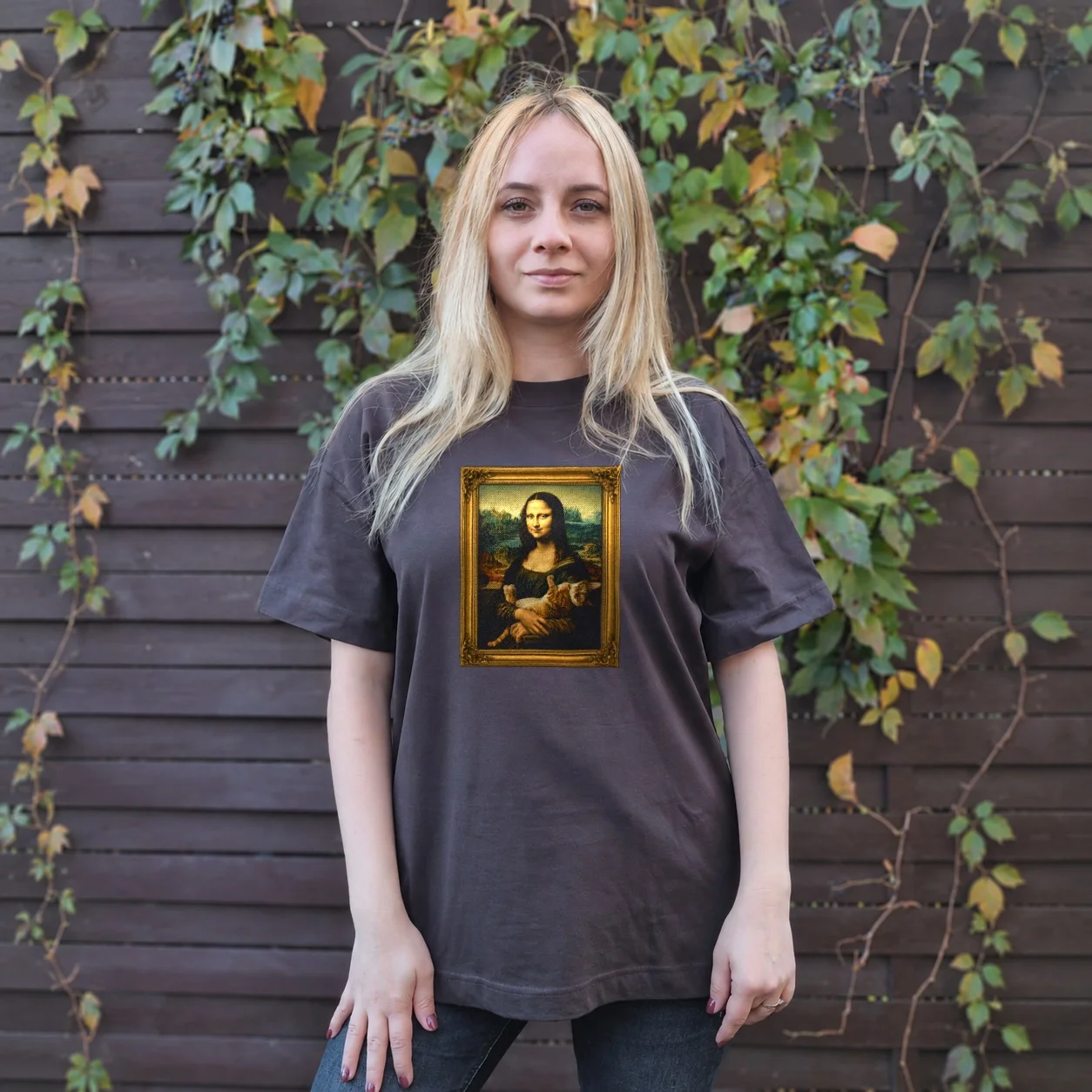 Tricou Oversize Mona Lisa cu Pisică