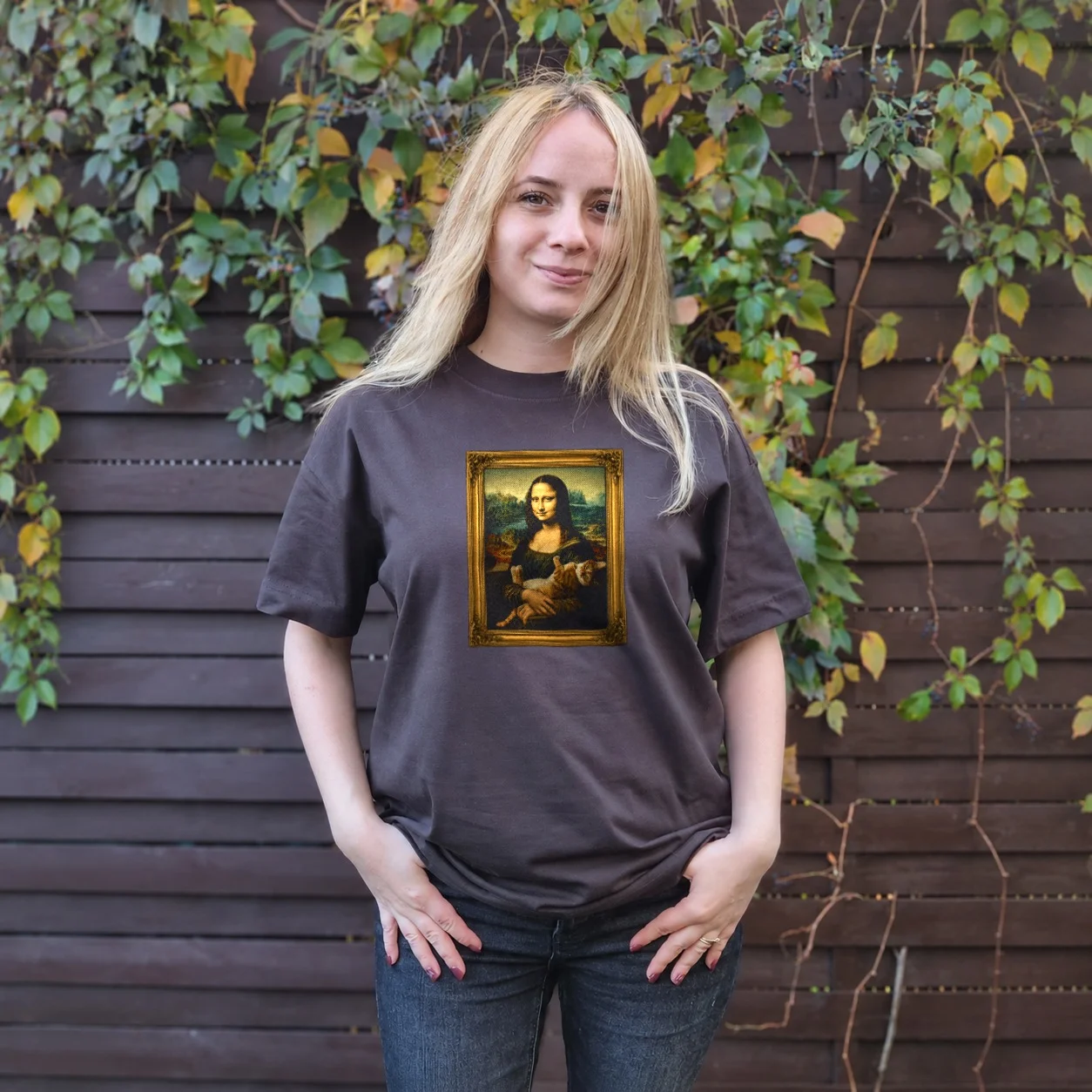 Tricou Oversize Mona Lisa cu Pisică — cadou personalizat PetGifts